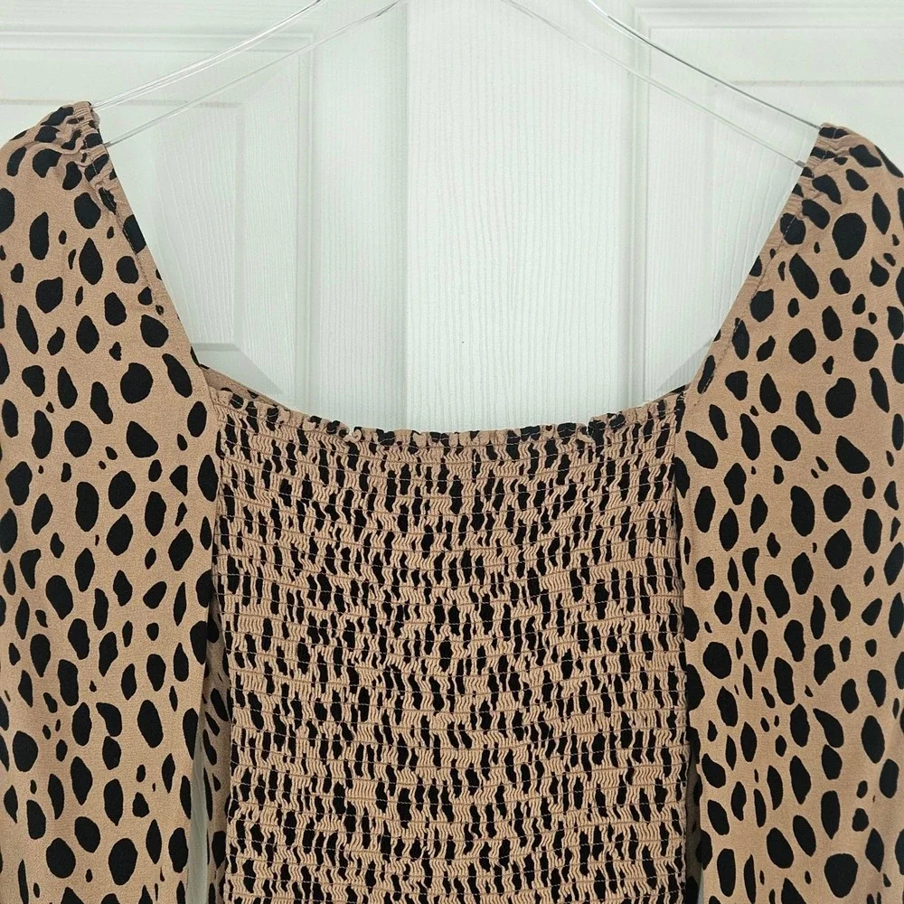 Reformation Reign Bobcat Animal Print Smocked Long Sleeve Square Neck Top Sz 6 - Picture 7 of 9